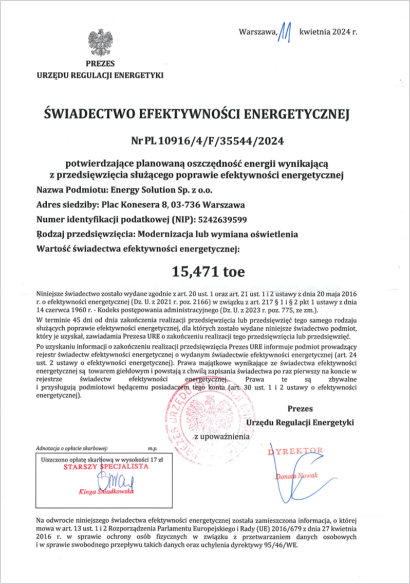 Biały Certyfikat wydany przez Prezesa URE